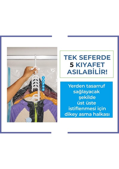 5 Askılı Vakumlu Saklama Poşeti, Yerden Tasarruf, Giysiler, Takım Elbiseler, Montlar Veya Ceketler İçin, Şeffaf Ve Yeniden Kullanılabilir Dolap Düzenleyici Uzun 70x100 Cm Large