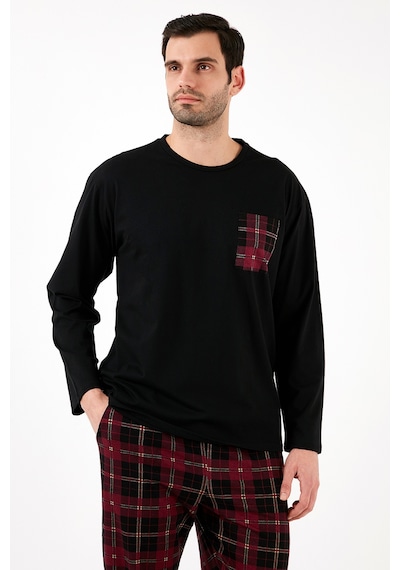 Buratti Ekoseli Cepli Beli Lastikli % 100 Pamuk Regular Fit Erkek Pijama Takımı 6572001 Siyah-Bordo