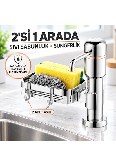 Valkyrie 2 Si 1 Arada Mutfak Sıvı Sabunluk Ve Süngerlik Seti Tezgah Üstü Pompalı Dispenser 360 Döner Gümüş