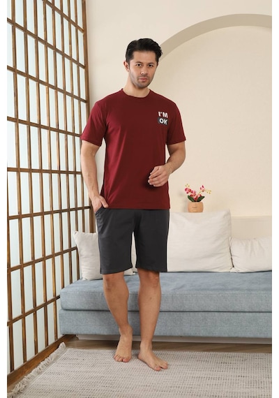 Seboteks %100 Pamuklu Kısa Kollu Cepli Erkek Şortlu Pijama Takımı 2015 Bordo