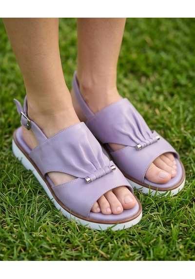Futsishoes Opal Lila Hakiki Deri Bilekten Tokalı Drapeli Kadın Sandalet