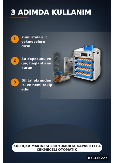 Kuluçka Makinesi 280 Yumurta Kapasiteli 4 Çekmeceli Otomatik Çevirmeli Çift Voltajlı Bx-316227