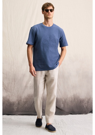 Grımelange NELIDO Erkek Nakış Detaylı %100 Organik Pamuk Bisiklet Yaka Kısa Kollu Regular Fit İndigo T-Shirt