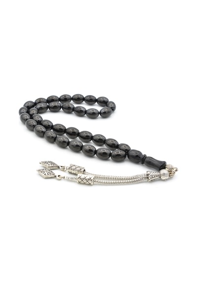 Gümüş Kaplama Püsküllü Arpa Kesim Oltu Taşı Tesbih