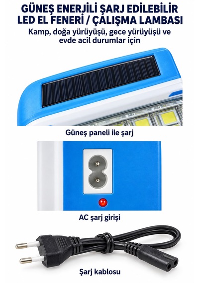 G-30t0 El Fenere 3 Modlu Şarjlı Pilli Güneş Enerjili Solar Taşınabilir Kamp Çalışma Alanı Doğa Yürüyüşü Tekne Araç Bakım Lamba Aydınlatma
