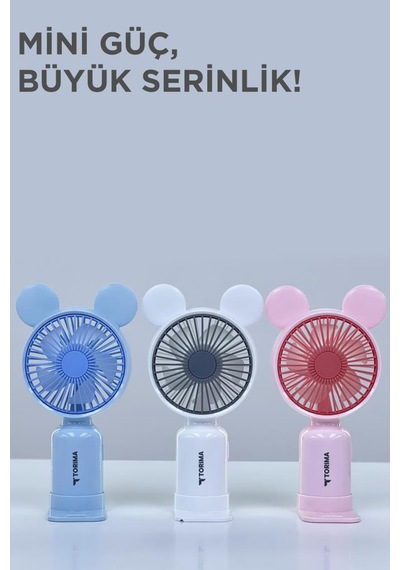 Torima F-12 Pembe Mini Taşınabilir Fan Şarjlı 2 Kademeli Ledli Ayıcık Kulak Vantilatör Klima Soğutucu Fan