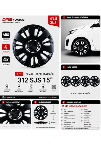 Tata Uyumlu 15 Inç Kırılmaz Parlak Siyah Jant Kapağı 1 Takım 4 Adet No:312