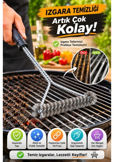 2 Adet Barbekü Mangal Izgara Temizlik Fırçası Paslanmaz Çelik Tel Ergonomik Saplı Izgara Fırçası