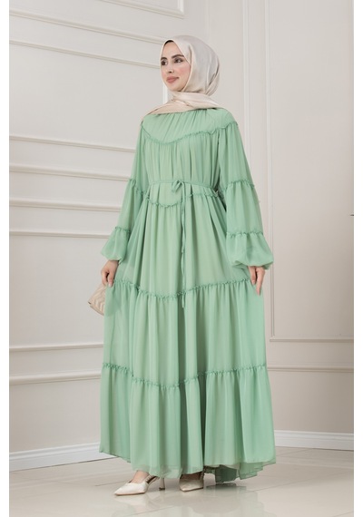 Sevitli Robalı Manolya Şifon Elbise-mint Yeşili-5785