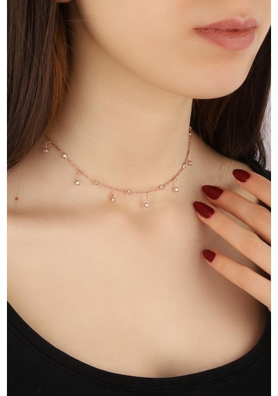 Sarkık Tifani Taşlı Gümüş Choker Kolye Rose Gold