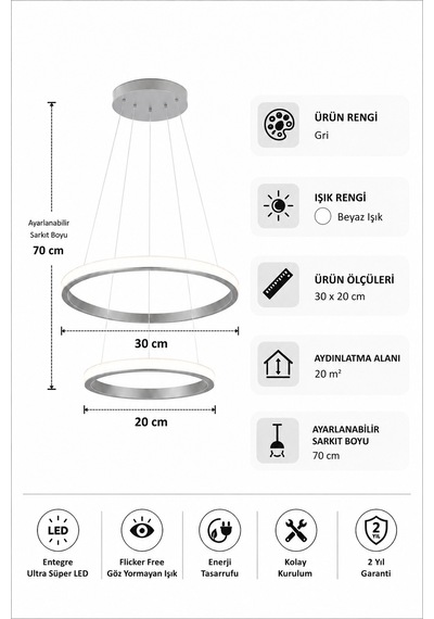 Rizon 2 Li Led Sarkıt Avize Beyaz Işık Gri