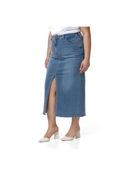Disentis Büyük Beden Önden Yırtmaç Detaylı Beş Cepli Midi Denim Açık Mavi Etek-açık Mavi Açık Mavi