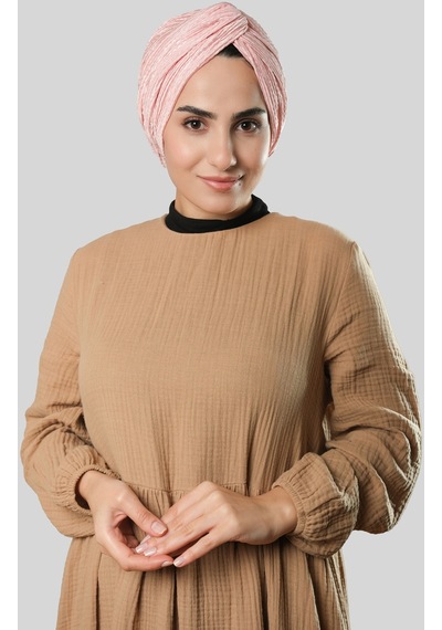 Hürrem Bone Pudra Çapraz Büzgülü Piliseli Tesettür Bone Fukuro Kendinden Desenli 2316 06 Pudra