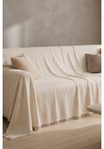 İskandinav Dokulu Pamuklu Saçaklı Koltuk Örtüsü Ve Koltuk Şalı Kaymaz Terletmez 180x300 Cm Ekru