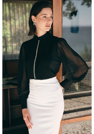 Sateen Nervür Detaylı Bluz - Siyah-136741 Siyah