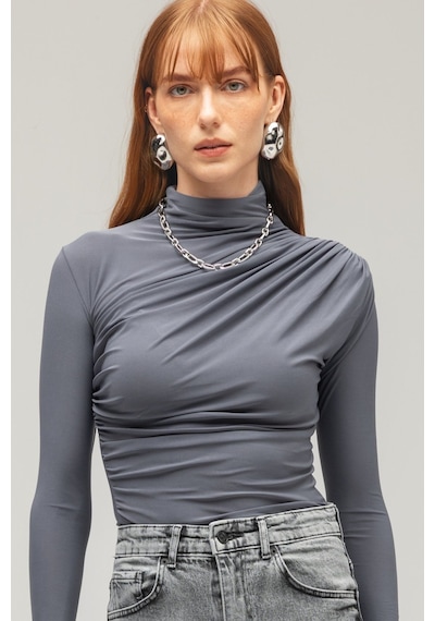 Saade Sââde Kadın Drapeli Boğazlı Uzun Kollu Örme Bluz - Slim Fit Antrasit
