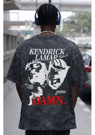 Tasarım Kendrick Lamar Damn Rapper Şarkıcı Baskılı Unisex Oversiz Siyah