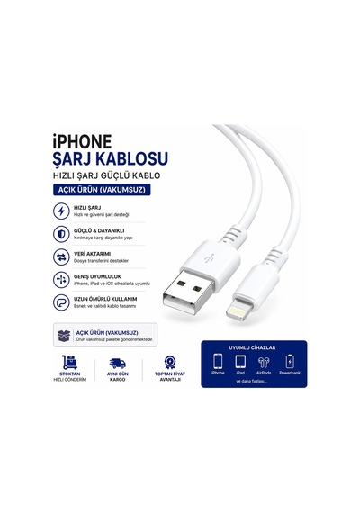 Apple Uyumlu iPhone Şarj Kablosu Hızlı Şarj Güçlü Kablo Vakumsuz Açık Ürün