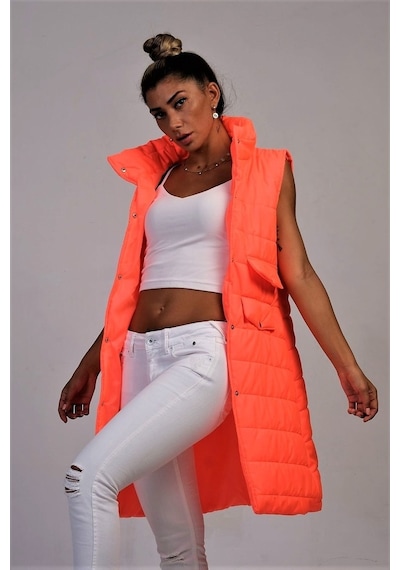 Keyifli Moda Kadın Turuncu Dik Yaka Cep Detaylı Uzun Şişme Yelek