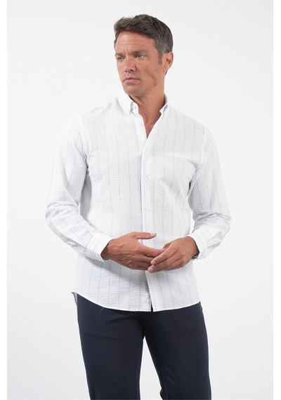İmza Beyaz-mavi Yumuşak Yaka Uzun Kol Slim Fit Pamuklu Gömlek 1004260259 Beyaz - Mavi