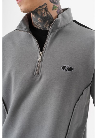 Respire Erkek Pis Dikiş Detaylı Yarım Fermuarlı Diagonel Sweatshirt Gri