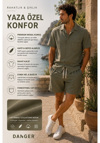 Erkek Premium Kumaş Modal Şort Slim Fit Takım Haki 2018dngr