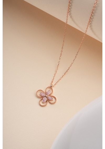 925 Ayar Gümüş Rose Kaplama Pembe Taşlı 4 Yapraklı Yonca Kolye Rose Gold