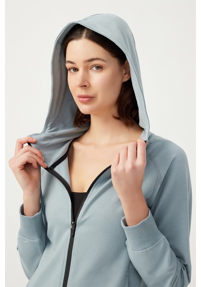 Los Ojos Kadın Mavi Gri Kapüşonlu Fermuarlı Sweatshirt Eşofman Üstü Mavi Gri