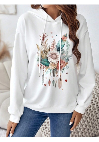 Startmore Coke Serisi Floral & Feather Print Drop Shoulder Drawstring Hoodie Beyaz