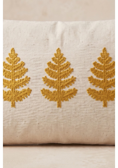 Buldan İşi Ağaç Motifli Kabartmalı Punch Nakışlı Püsküllü Pamuk Gizli Fermuarlı Dikdörtgen Kırlent Kılıfı 35x55 Cm Sarı