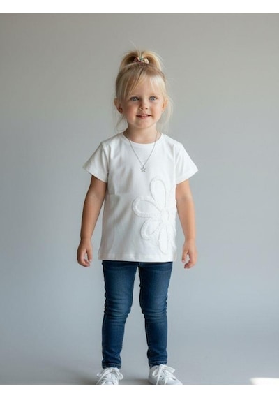 Zekids Kız Çocuk Çiçek Nakışlı Tasarım T-shirt-16889 Beyaz