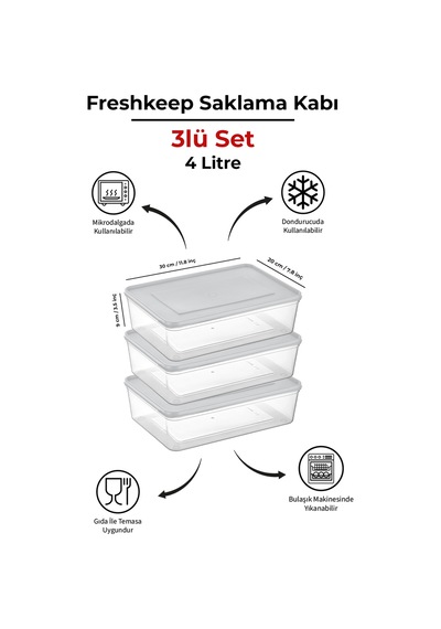 3'lü Saklama Kabı 4 Litre Derin Dondurucu Mikrodalga Uyumlu Ekru