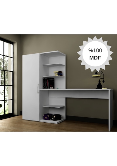 Mdf Narin Raflı Dolaplı Çalışma Masası Beyaz Dolap Solda 1 Beyaz