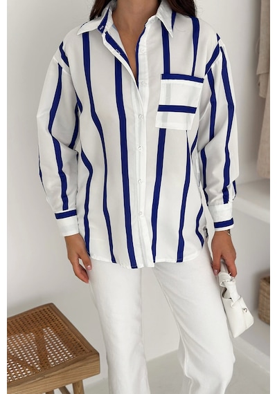 Asprin Fashion Kalın Lacivert Çizgili Gömlek Beyaz