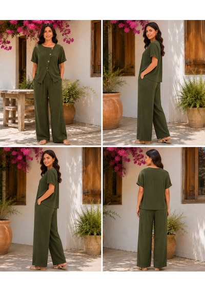 Alyn Wear Kadın Kısa Kollu Asimetrik Kesim Detaylı Düğmeli Bürümcük Bluz Ve Pantolon Ikili Takım Haki Alyn Wear Kadın Kısa Kollu Asimetrik Kesim Detaylı Düğmeli Bürümcük Bluz Ve Pantolon Ikili Takım Haki