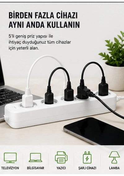 Akım Korumalı 5 Li Çoklu Priz 2500w Güçlü Uzun Kablolu Güvenli Kullanım 2 M