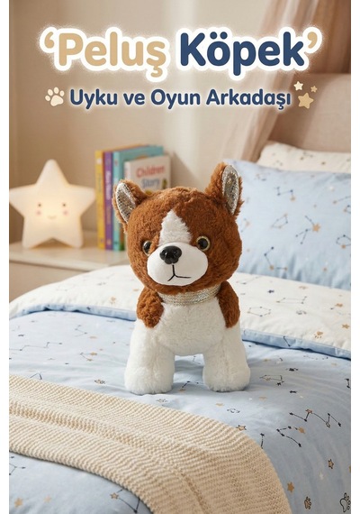 Peluş Köpek Oyuncak - 23 Cm Pullu Detaylı Uyku Ve Oyun Arkadaşı Beyaz - Kahverengi