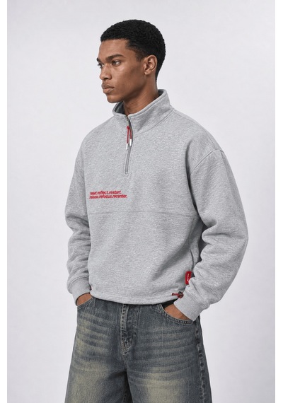 Respire Erkek Reset Baskılı Lastik Detaylı Half Zip Oversize Sweatshirt Gri Melanj