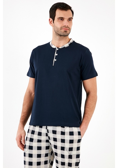 Buratti Ekoseli Pamuklu Regular Fit Kısa Kollu Erkek Pijama Takımı 60961007 Lacivert-Beyaz