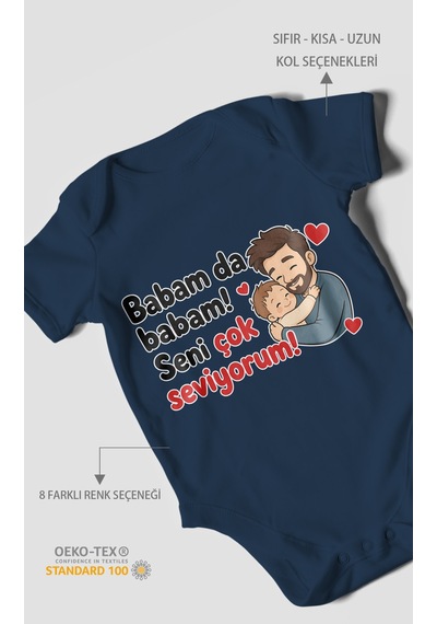 Morivokids Babam Da Babam Seni Çok Seviyorum Kısa Kollu Bebek Body %100 Pamuk Lacivert