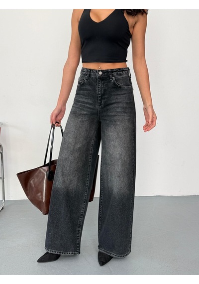Kadın Füme Taşlamalı Baggy Jean Yüksek Bel Geniş Paça Kot Pantolon Siyah Siyah+taşlamalı