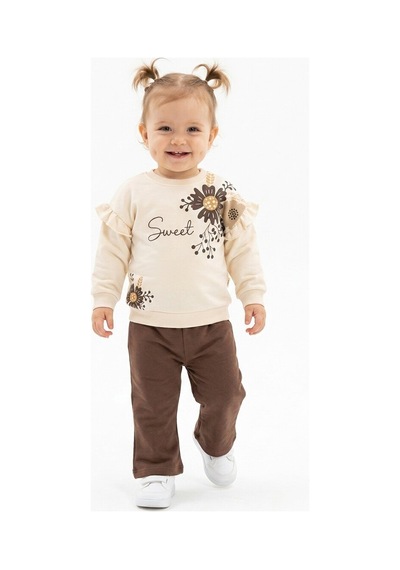 HelloBaby Pamuklu Fırfır Ve Çiçek Detaylı 2li Kız Bebek Takım Kahverengi