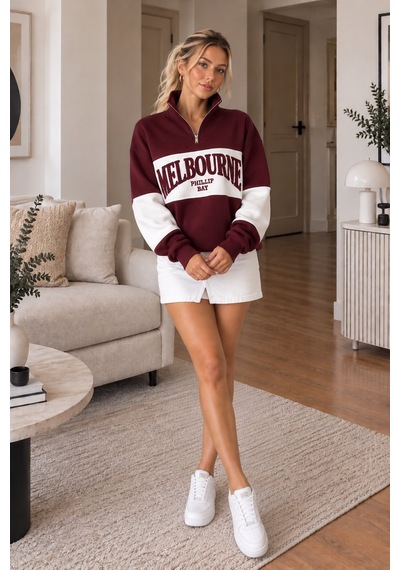 Lima Bordo Kadın Melbourne Baskılı Oversize Sweatshirt Yarım Fermuarlı Dik Yaka Uzun Kollu Sweat Lima Bordo Kadın Melbourne Baskılı Oversize Sweatshirt Yarım Fermuarlı Dik Yaka Uzun Kollu Sweat