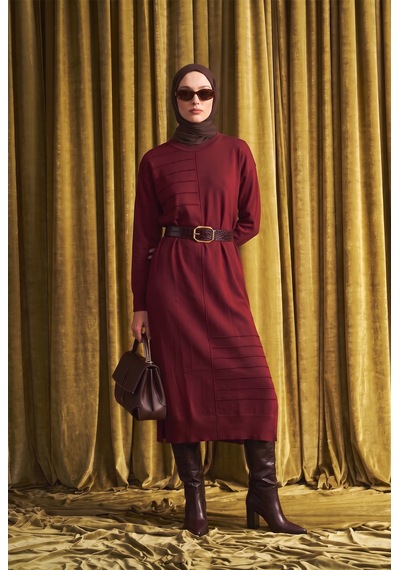 Armine Trend Asimetrik Pilise Detaylı Bisiklet Yaka Uzun Kollu Kemerli Elbise Bordo 26ktd912 Armine Trend Asimetrik Pilise Detaylı Bisiklet Yaka Uzun Kollu Kemerli Elbise Bordo 26ktd912