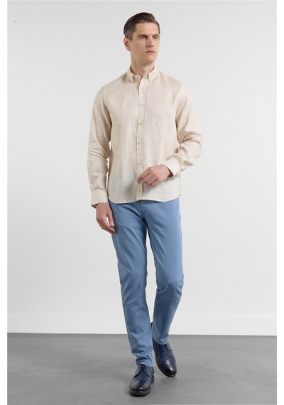 İmza Bej Keten Düğmeli Yaka Uzun Kol Cepsiz Slim Fit Keten Gömlek 1004260161 L