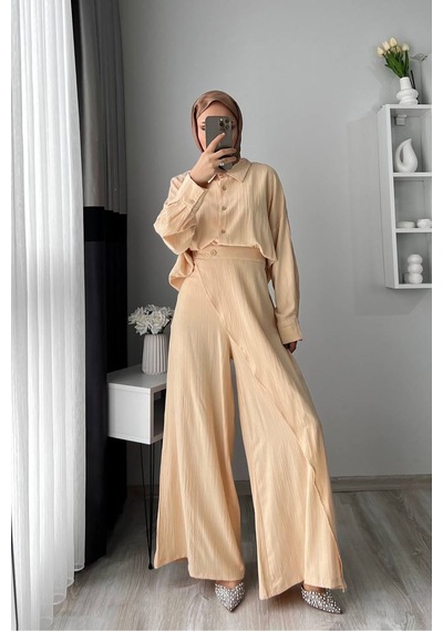 Neşeli Butik Kadın Tunik Pantolon İkili Tesettür Takım Nms052 Bej