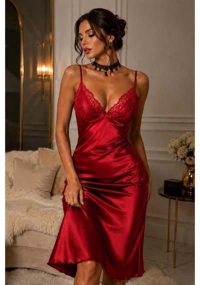 İnmera Bordo Dantel Detaylı Saten Gecelik Bordo - 900610338 Bordo