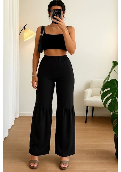 Defymoda Kadın Yüksek Bel Parça Detay Bol Paça Pantolon Siyah