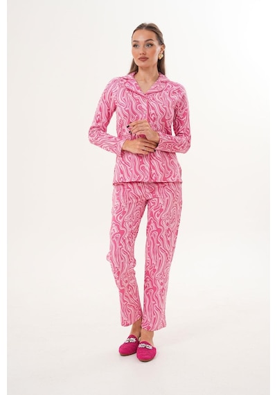 Çift Kaplan Kadın Pamuk Gömlek Yaka Önden Düğmeli Pembe Pijama Takımı 7023 Pembe
