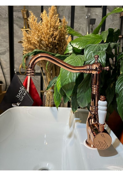 İsaoğlu Yapı Rose Bakır Lavabo Bataryası Zen Design Kolay Abdest Yüksek Lavabo Musluğu Bronz Bakır Rose Gold